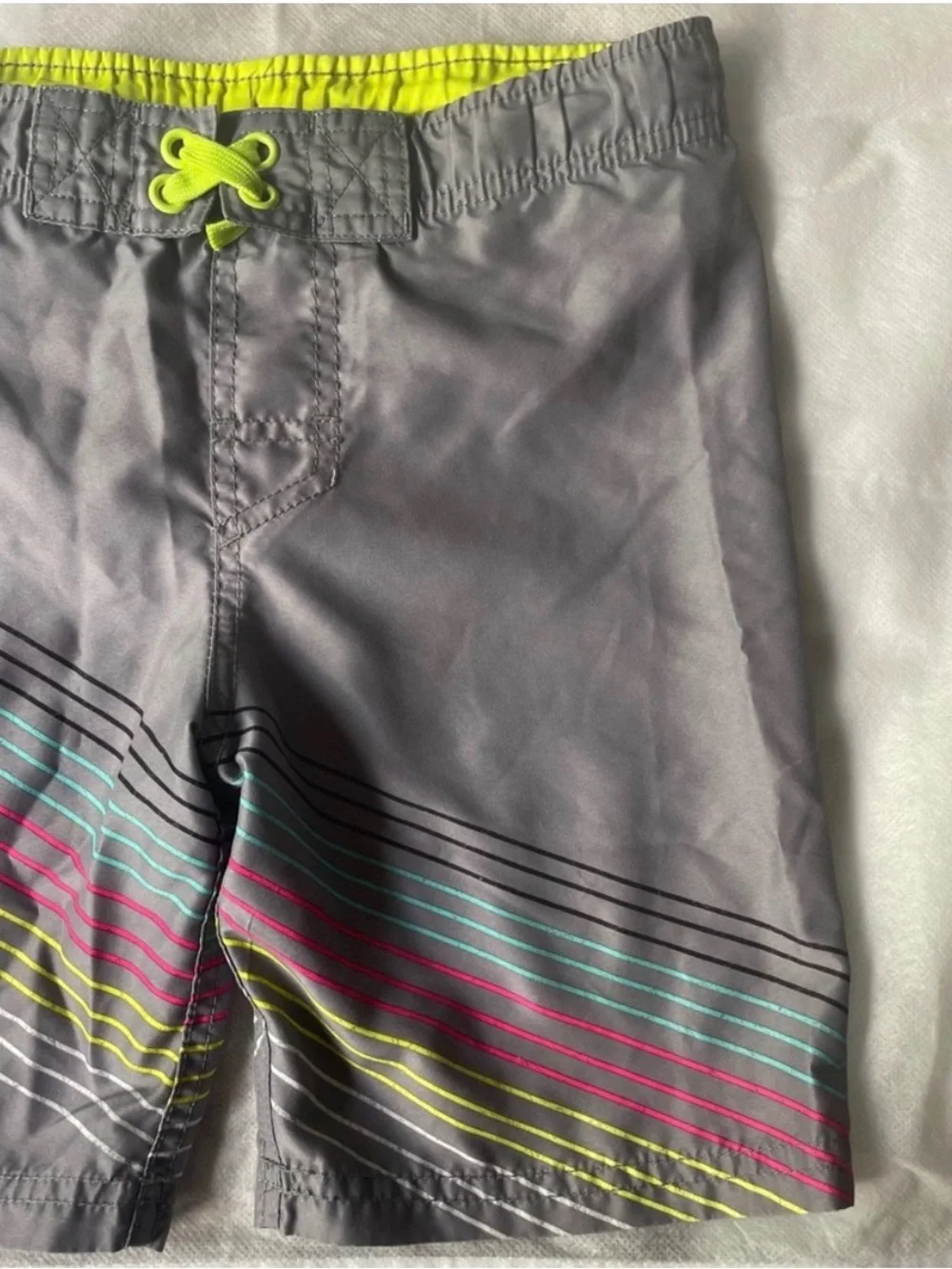 Cat & Jack Boys Swim Trunks Size 6/7 Gray Neon Stripe Board Shorts Beach Summer